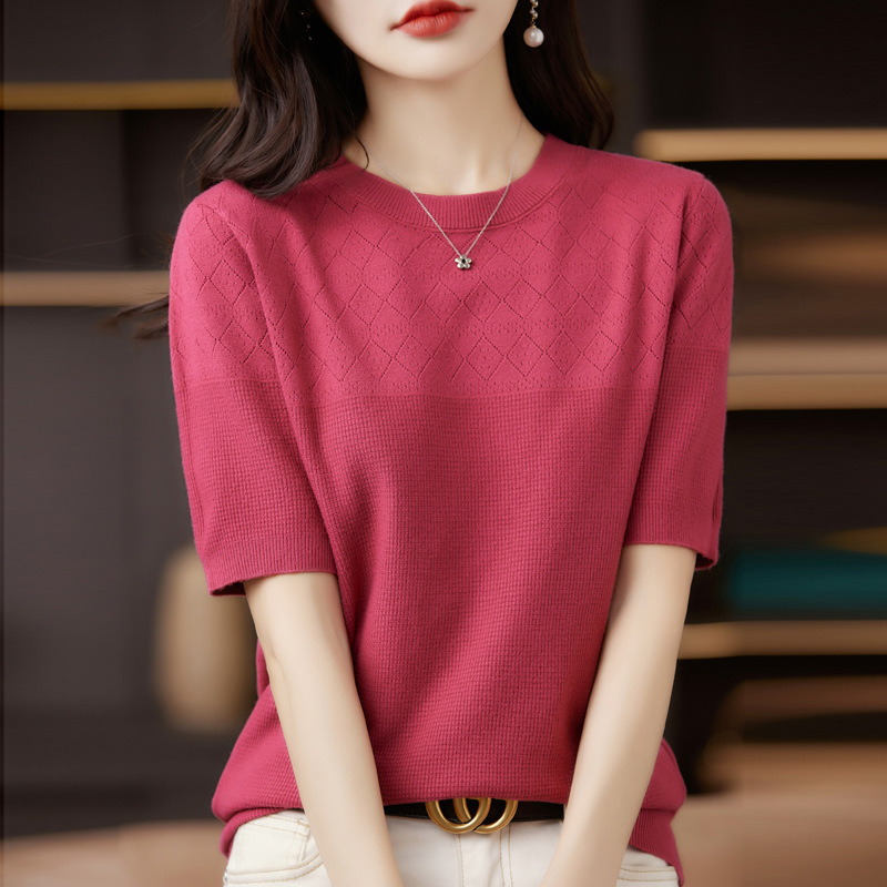 Wool Blend 2026 Autumn and Winter New Women's Round Neck Solid Color Hollow-Out Top with Five-Quarter Sleeves Versatile Knit Sweater