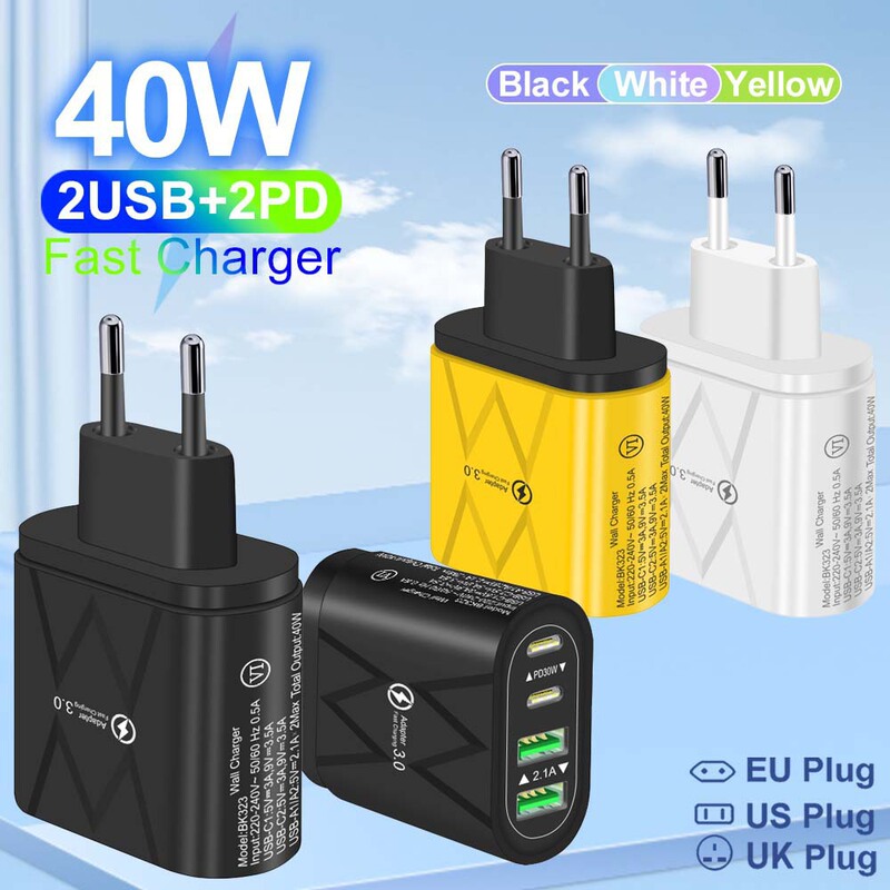 40W 2Usb2Type C 4 Ports Charger Pd30Wfast Charging Wall Phone Charger