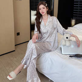春秋季豹纹印花冰丝睡衣女士简约休闲长袖大码家居服两件套可外穿