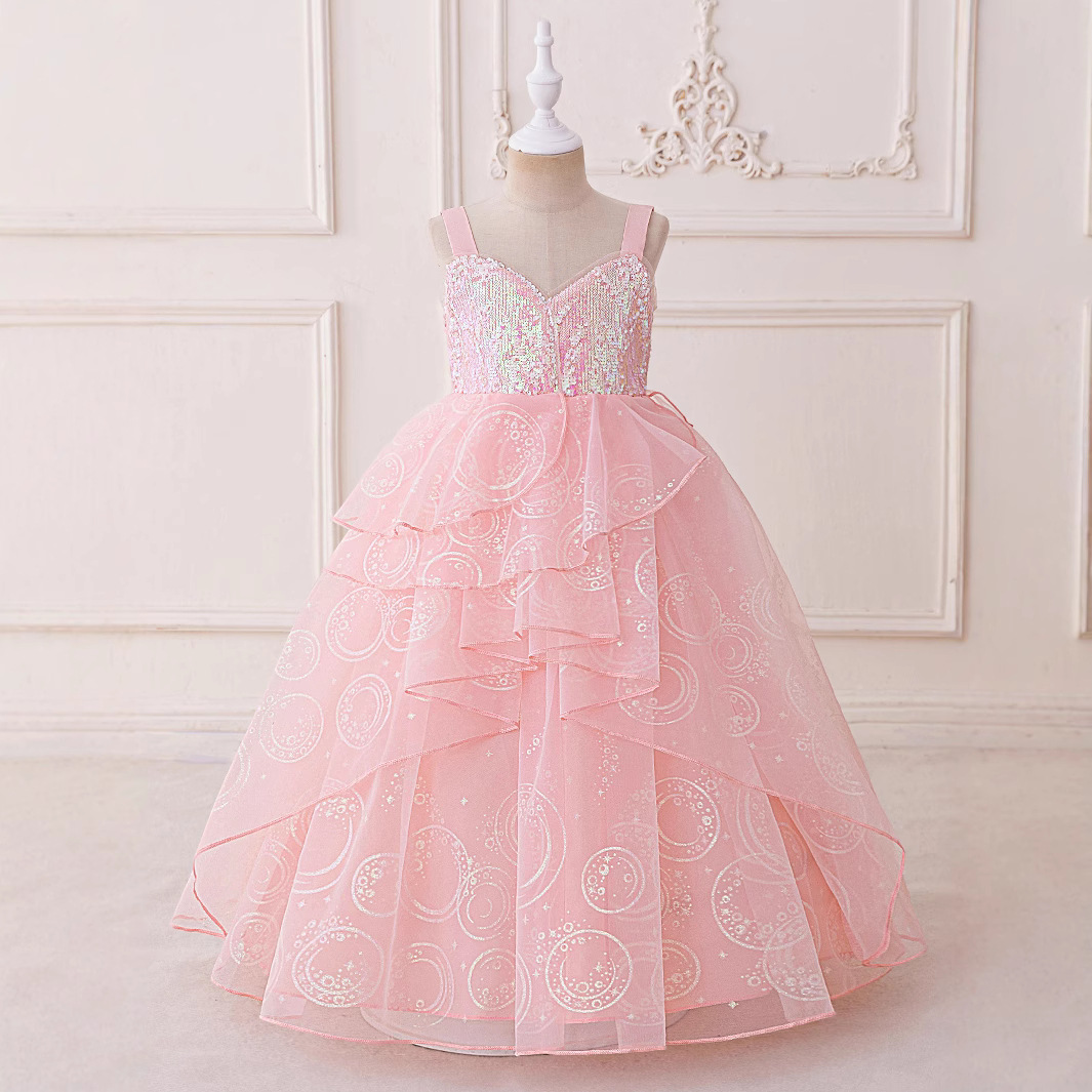 Comercio exterior nuevo estilo vestido para niños vestido de princesa de moda lentejuelas hilo de red tela forjada niña niña niña bebé vestido de noche de un año