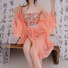 古装花醉汉服诱惑套装睡衣女性感古代肚兜制服雪纺纱透明睡裙0878