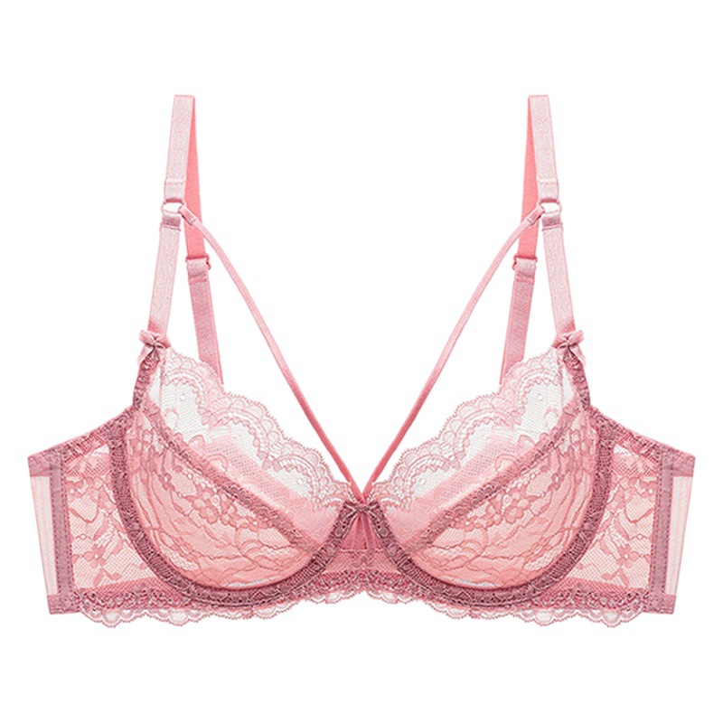 Sujetador de encaje sexy transfronterizo taza de cristal push-up delgada pura quiere hollow-out sujetador de soporte superior traje de ropa interior de mujer