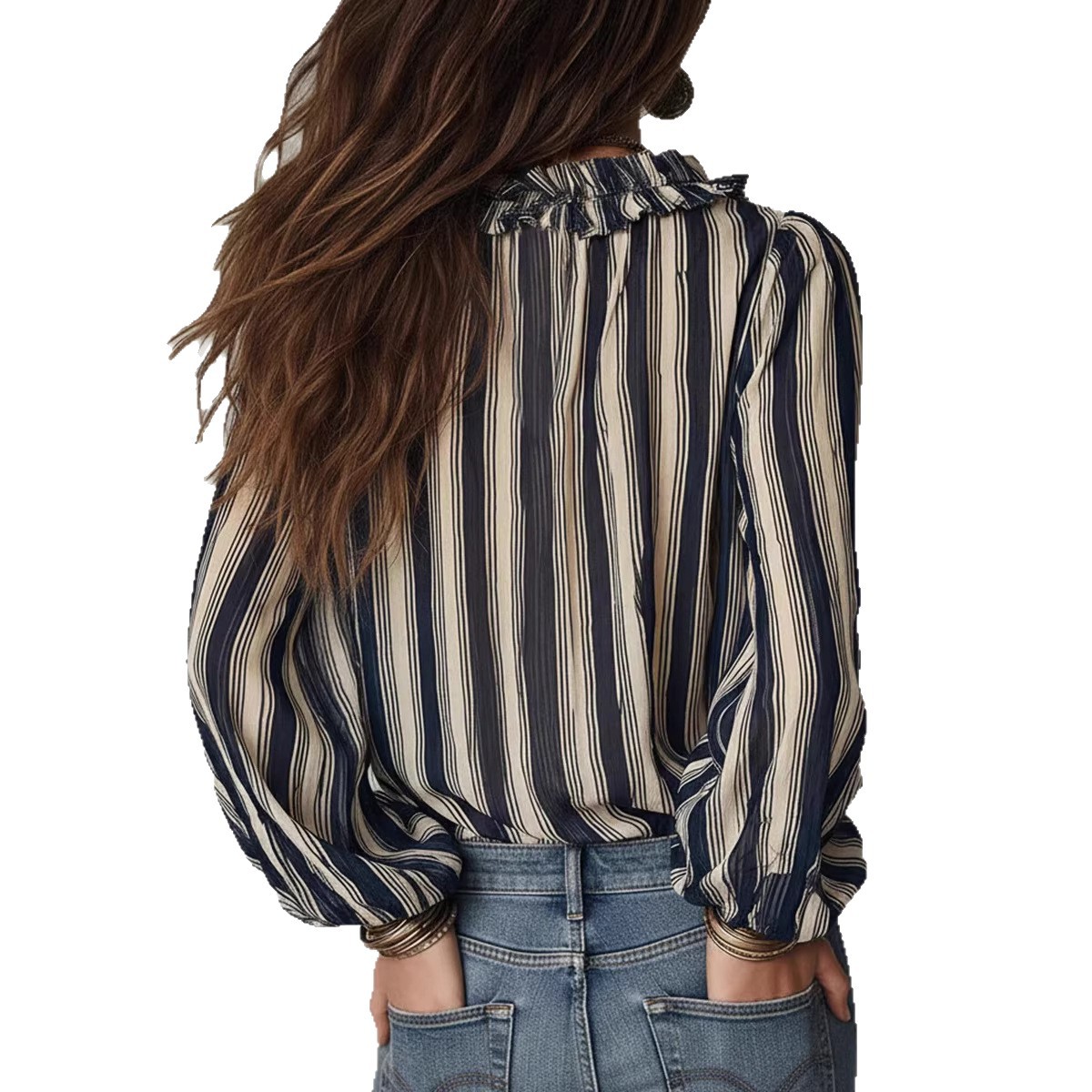 2026 Independent Station European And American Cross-Border Casual Western Style Striped V-Neck Women's Shirt_voghion.com