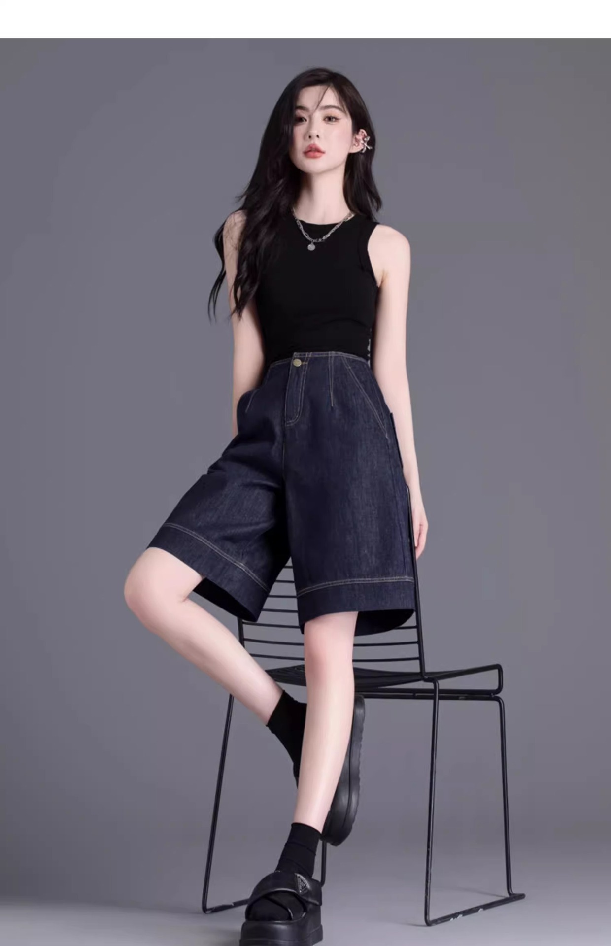 Quần short denim nữ dáng rộng ống suông mùa hè — Xanh denim chi tiết 5