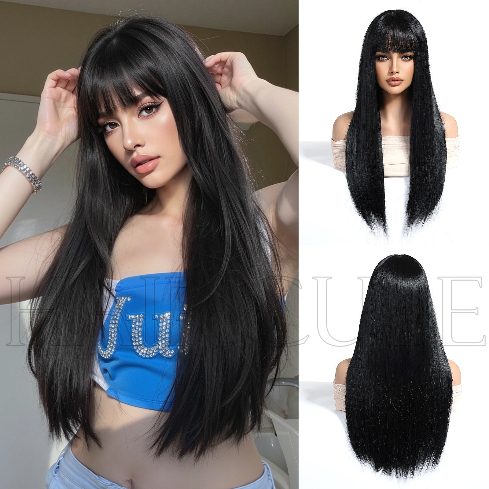 Peruca de cabello de mujer larga y recta, fibra química de fresa completa tipo de cabeza, ventilación natural, simulación de la vida diaria, uso de fiesta image 1
