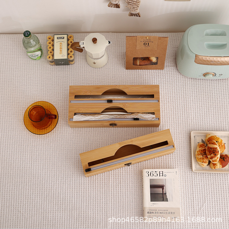 Caja de almacenamiento de bambú para cocina, cortador de papel film y papel de aluminio, organizador de clasificación de bambú para cajones, caja de bambú simple