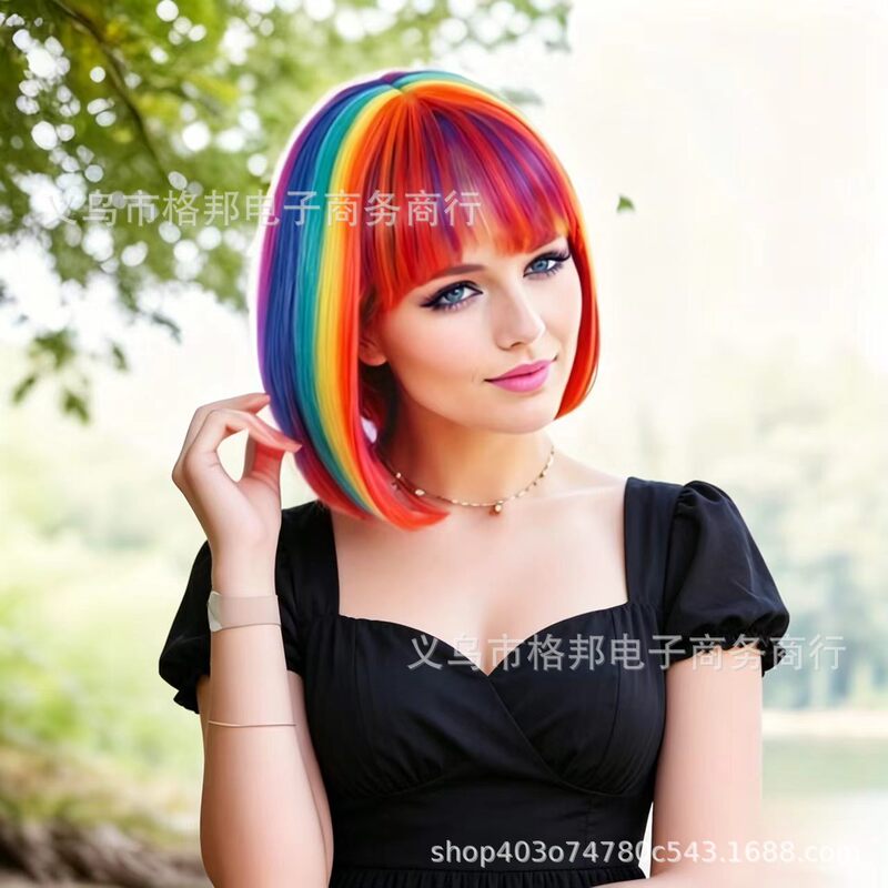 Cross-Border European and American Rainbow Multi-Color Bangs Synthetic Daily Party Style Bob Wig Headgear Wholesale Cross-Border European and American Rainbow Multi-Color Bangs Synthetic Daily Party Style Bob Wig Headgear Wholesale