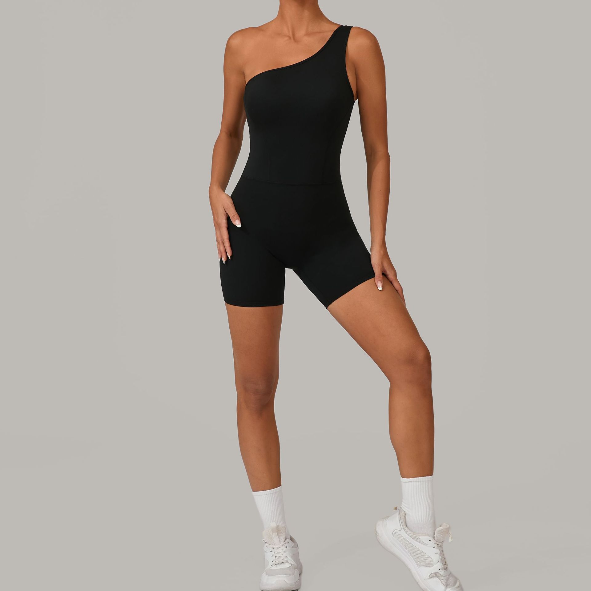 2025 European and American Cross-Border Sports Tight One-Piece Shorts Yoga One-Shoulder Women's Fitness Outdoor Running Pure Color Jumpsuit