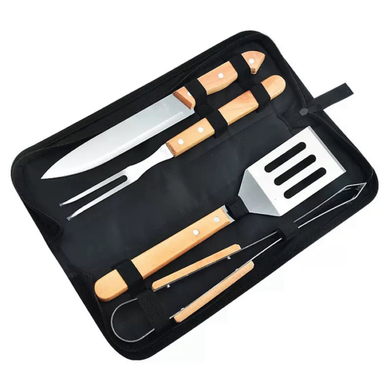 Kit de herramientas de barbacoa paquete completo de almacenamiento al aire libre mango de madera portátil utensilios de acero inoxidable combinación de utensilios de barbacoa