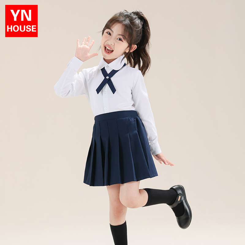 Traje de camisa blanca para niñas Camisa blanca de manga larga estilo universitario para niños Falda plisada Ropa de actuación de jardín de infantes para estudiantes de primaria