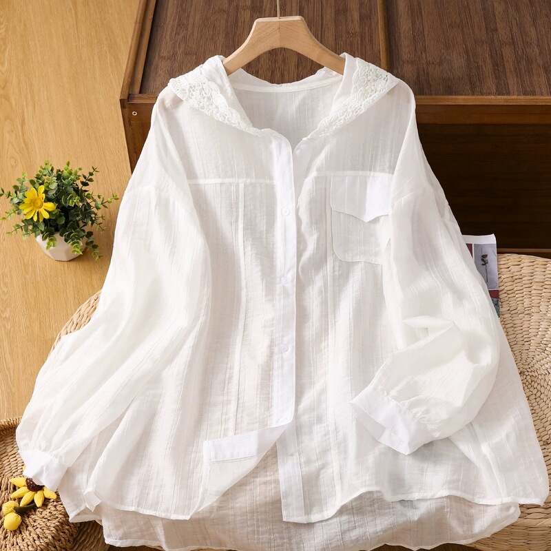 French White Lace Hooded Shirt for Women in Autum Classy Simple Loose Texture Light Sun Protection Cardigan Top