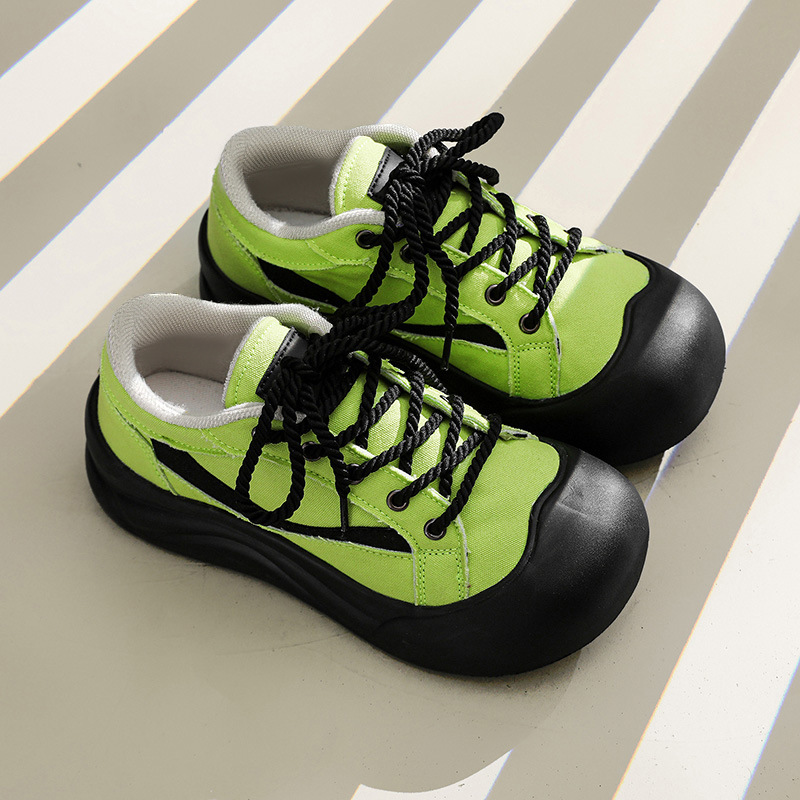Zapatos de punta grande feos y lindos de nicho, zapatos de lona de otoño coreanos de suela gruesa con absorción de impactos, zapatos casuales bajos cómodos y versátiles