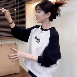早春新款韩系休闲百搭宽松女装插肩袖圆领长袖薄款卫衣打底衫上衣