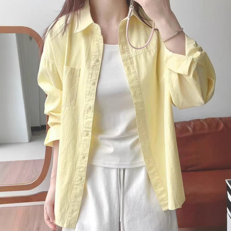 Short-Sleeved Pure Cotton Cream Yellow Shirt for Women, Stylish Summer Sun Protection Clothing, Versatile Outerwear for Layering