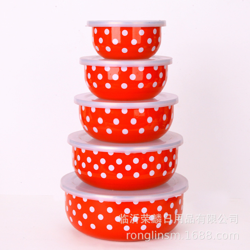 Foreign Trade Ice Bowl 5-Piece Set Enamel Bowl with Lid Fresh-Keeping Bowl Enamel Lunch Box Old-Fashioned Set Nostalgic Instant Noodle Bowl
