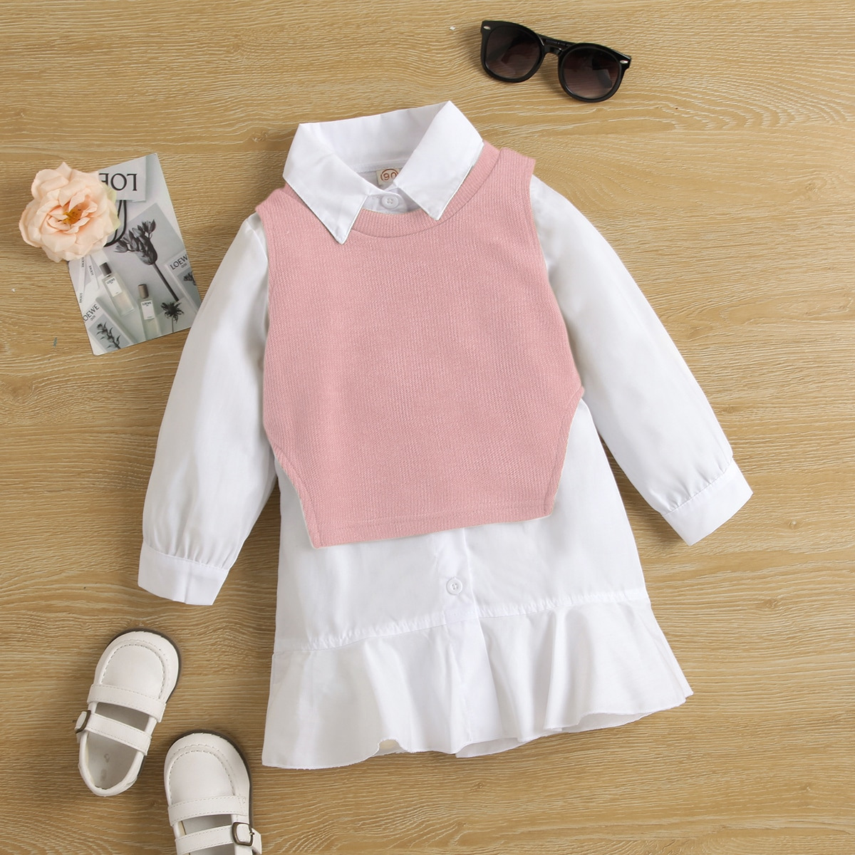 Mädchen herbst neue langarm rüschen prinzessin rock futter kleid gestrickte weste zwei-stück set_voghion.com