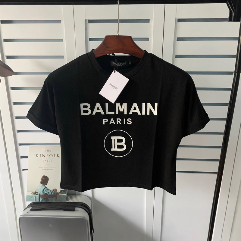 Spring and Summer New Balmain balmain Cotton Loose Letter Navel Short Pullover Ins Couple T-shirt
