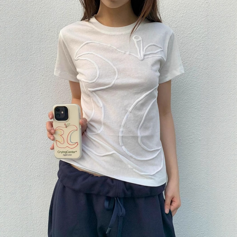 White Apple Print Right Shoulder Short-Sleeved T-Shirt for Women Summer 2025 New American Sweet Sexy Slimming Look Top