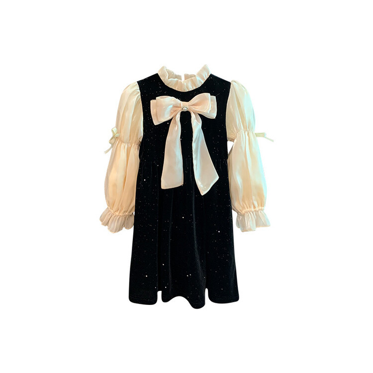 Girls' Spring and Autumn Long sleeved High end 2023 Western style Hepburn Small Fragrance Bow Bubble Sleeve Dress_voghion.com
