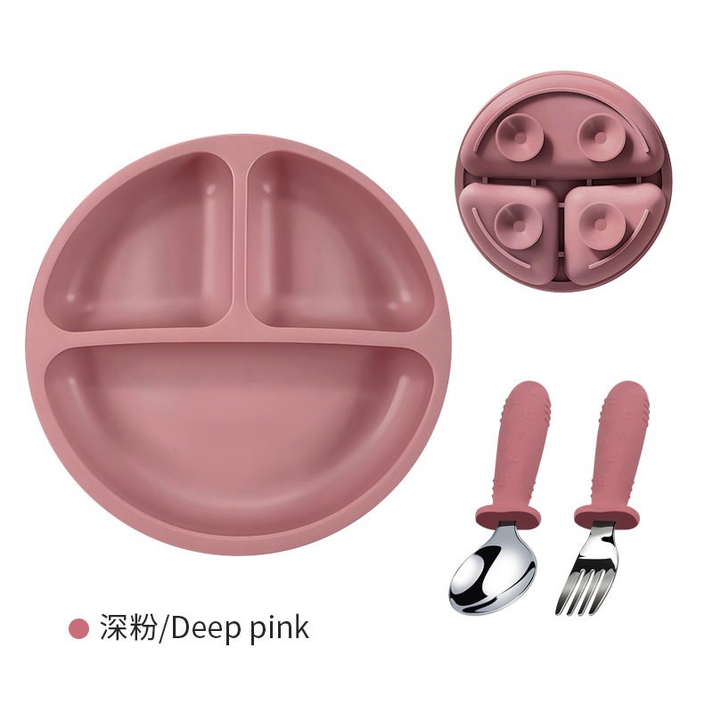 Placa de comedor de silicona para bebés 304 tenedor y cuchara de acero inoxidable, plato de ventosa, alimento complementario de tres compartidos para bebés de grado alimenticio resistente a altas temperaturas