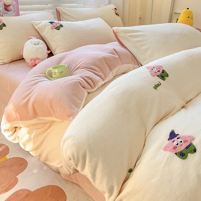 Invierno engrosado toallas bordadas de leche cama de cuatro piezas conjuntos de doble cara coral edredón cubierta dormitorio de cama de estudiantes