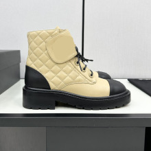 厚底菱格短靴女2025秋冬新款时尚舒适圆头英伦风拼色系带马丁靴