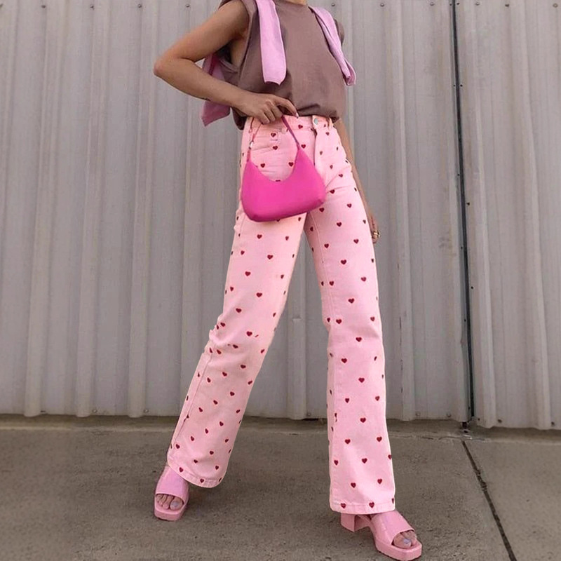 Cross-Border European and American Denim Pink Heart-Shaped Wide-Leg Pants, Slimming Narrow Version, Amazon Xiyin Tk Aliexpress In-Stock Dropshipping
