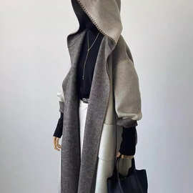 工厂轻奢设计师款双面羊绒连帽大衣女2025秋冬季灰色渐变长款外套