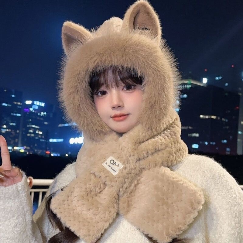 冬季毛绒帽子女可爱百搭围巾帽子一体加绒加厚保暖护耳帽骑车防寒|undefined