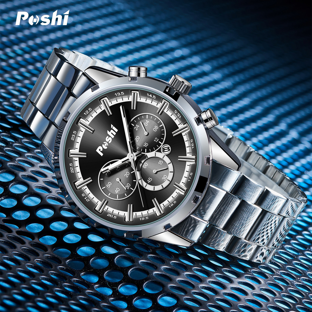 Poshi marca nuevos hombres reloj impermeable luminoso tendencia estudiante reloj de cuarzo hombres de acero refinado cinturón calendario