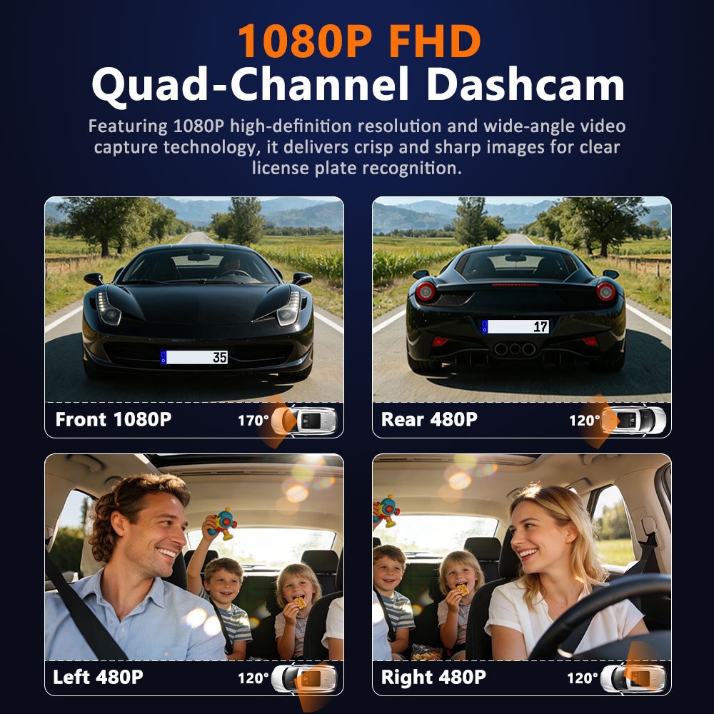 Cross-Border 3.0inch Hd Dash Cam with Four Cameras, Wifi Mobile Phone Connectivity, High-Definition Night Vision, Four-Lens Video Recording