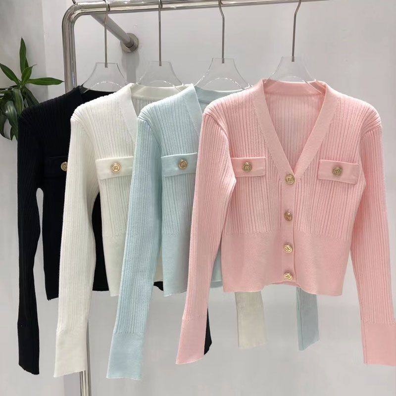 French White Collar Metal Button Long-Sleeved Knitted Cardigan Autumn Women's Sexy Short Top French White Collar Metal Button Long-Sleeved Knitted Cardigan Autumn Women's Sexy Short Top