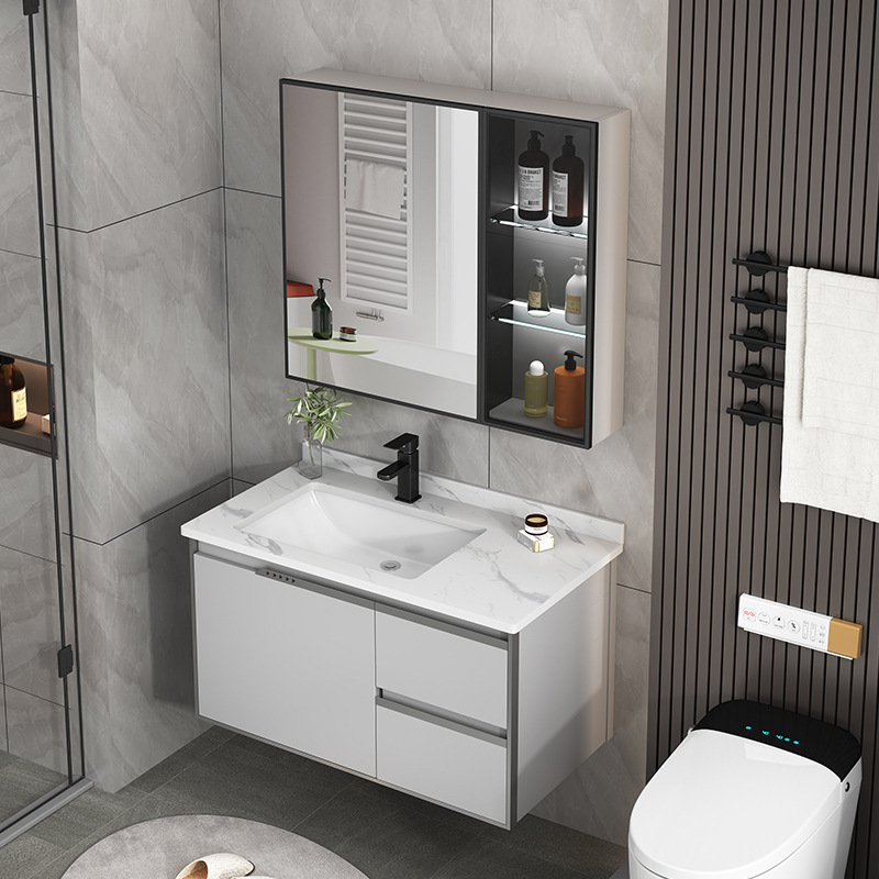 Engrosado espacio de aluminio gabinete de baño combinación lavabo piscina baño integrado lavabo de cerámica mesa de lavado