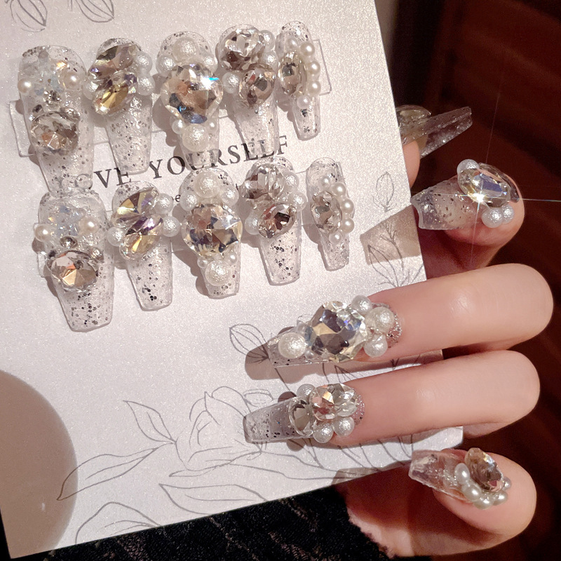 Uñas postizas decoradas con diamantes brillantes, estilo INS puro