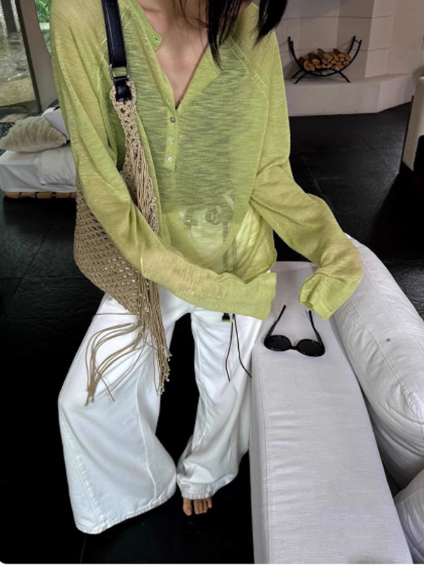 法式半开领长袖T恤女夏季薄款宽松慵懒风防晒罩衫高级感上衣紫色|undefined