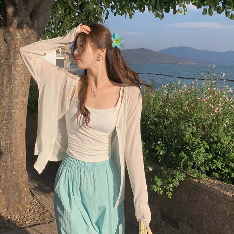 White Outerwear Shawl Cardigan, Summer Lyocell Sun Protection Cover-Up, Knitted Jacket, Air Conditioning Shirt, Versatile Small Jacket