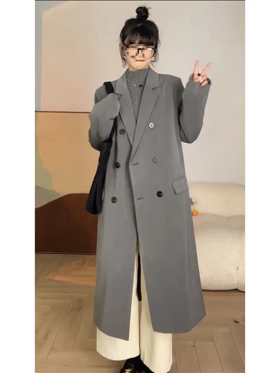 Early Autumn Long Gray Suit Jacket 2025 New Korean Style Loose Elegant Preppy Style Windbreaker for Women