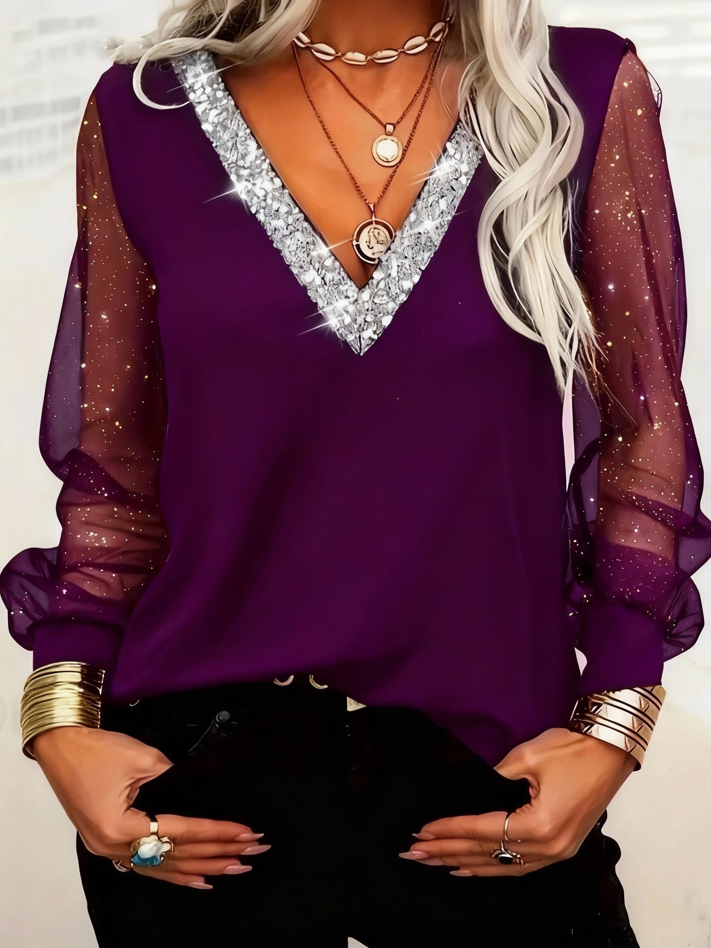 Spring Summer Women's Sequin V Neck Mesh Top Long Sleeve Casual Fashion T-Shirt_ecoleips.com