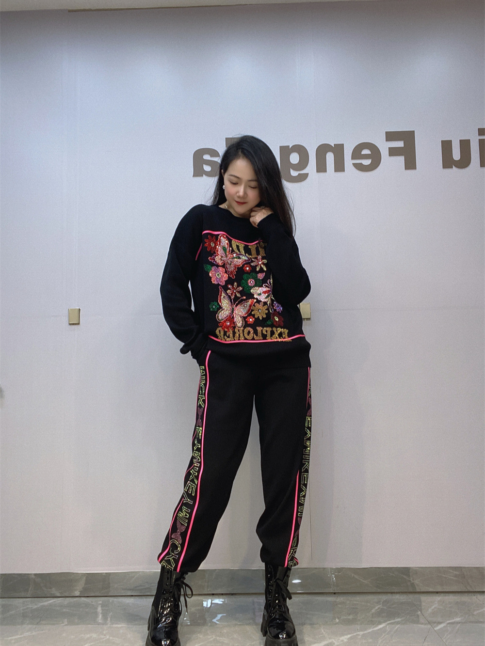 Conjunto Casual de Punto de Manga Larga para Mujer Set de 2 piezas Poliéster y Algodón