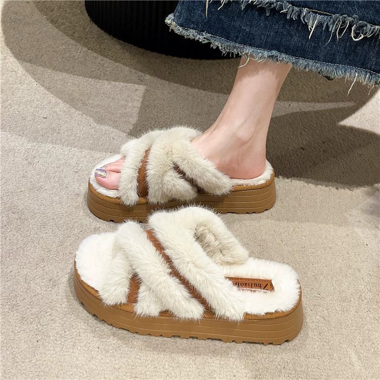 Furry slippers for women's outer wear in autumn 2023 open toe cotton slippers_voghion.com