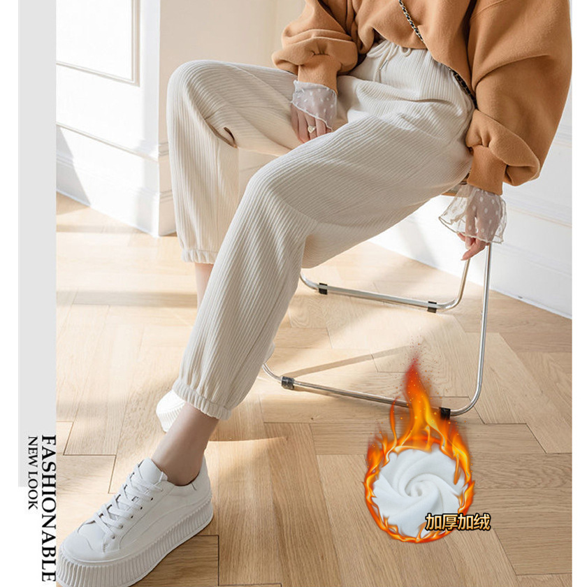 416#灯芯绒女秋冬新款高腰直筒加绒加厚束脚哈伦裤显瘦九分卫裤