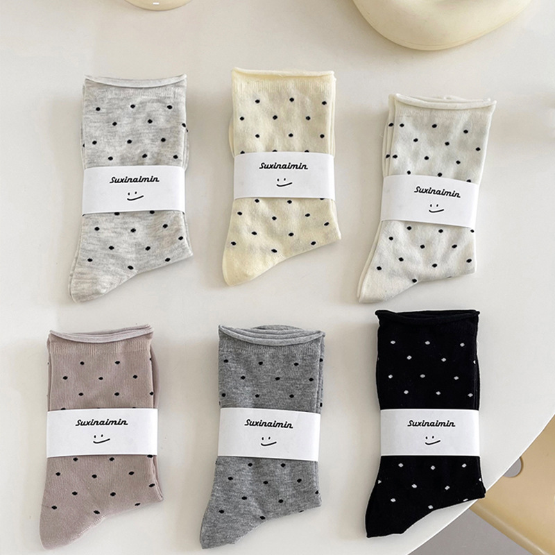 Suxinaimin Socks Women's Spring and Summer Sweat-Absorbent Ins Trendy Cream Color Curled Dot Mid-Calf Socks Literary Confinement Socks