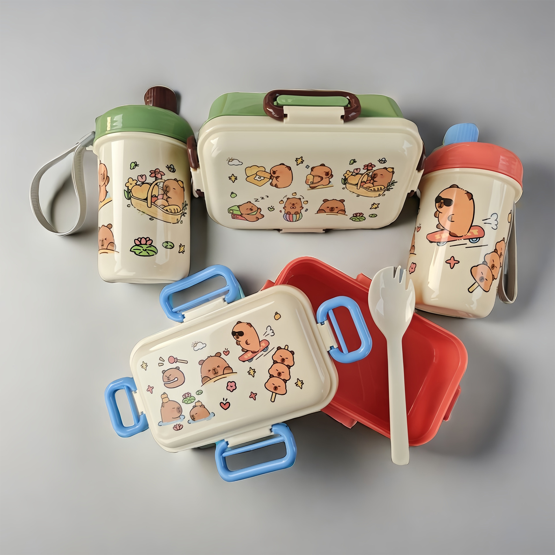 Juego de botella de agua de lonchera de dibujos animados de venta caliente para estudiantes y niños, caja bento de alto valor de color lindo con taza de agua potable directa