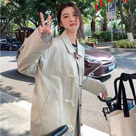 原版做法韩版学院风牛角扣长款简约休闲日系工装风百搭风衣外套女