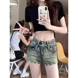 2024夏季新款美式辣妹性感低腰牛仔超短裤女修身显瘦包臀阔腿热裤