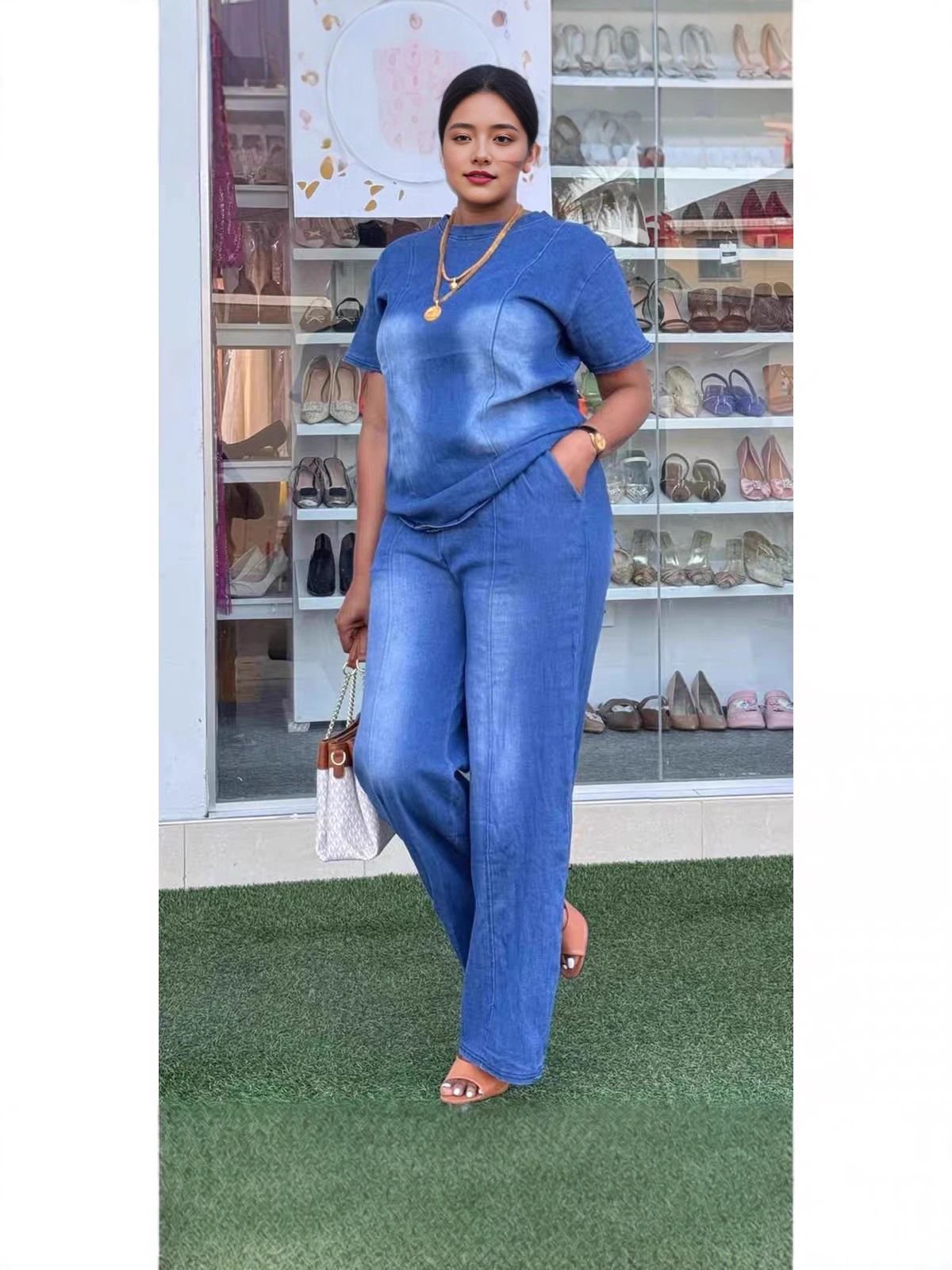 European and American Foreign Trade Cross-Border Aliexpress Amazon New Fashion Washed Blue Loose Short-Sleeved Denim Women's Suit Trendy 3