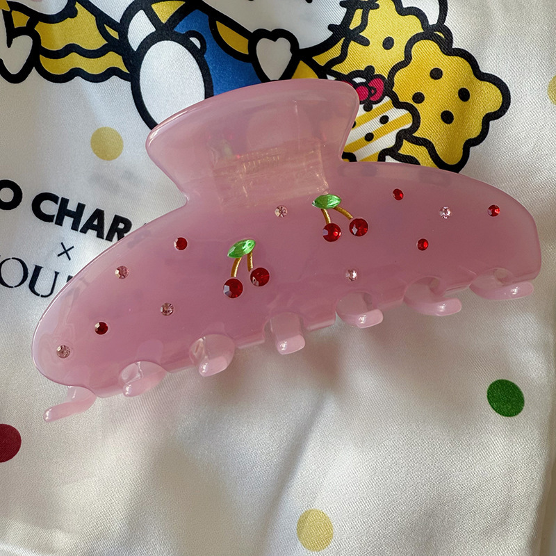 新款镶钻樱桃抓夹高级感甜美彩钻醋酸发夹女后脑勺盘发鲨鱼夹发卡|undefined