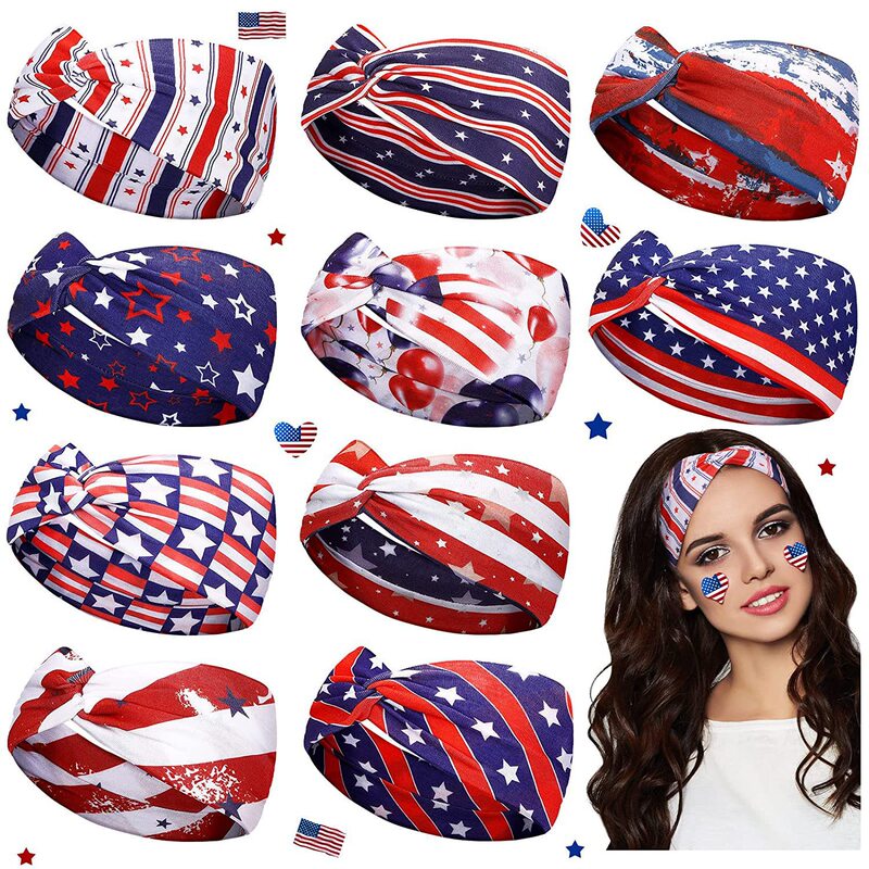New Wide-Brimmed Headband with National Flag and Independence Day Star Elements, Retro Knotted Sweat-Absorbing Yoga and Running Sports Headband