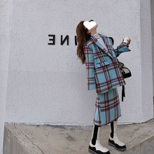 西装冬季毛呢外套女2022半身裙格子套装女潮冬复古宽松