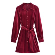 外貿女裝批發 2022夏季新品 紅色條紋天鵝絨系帶連衣裙